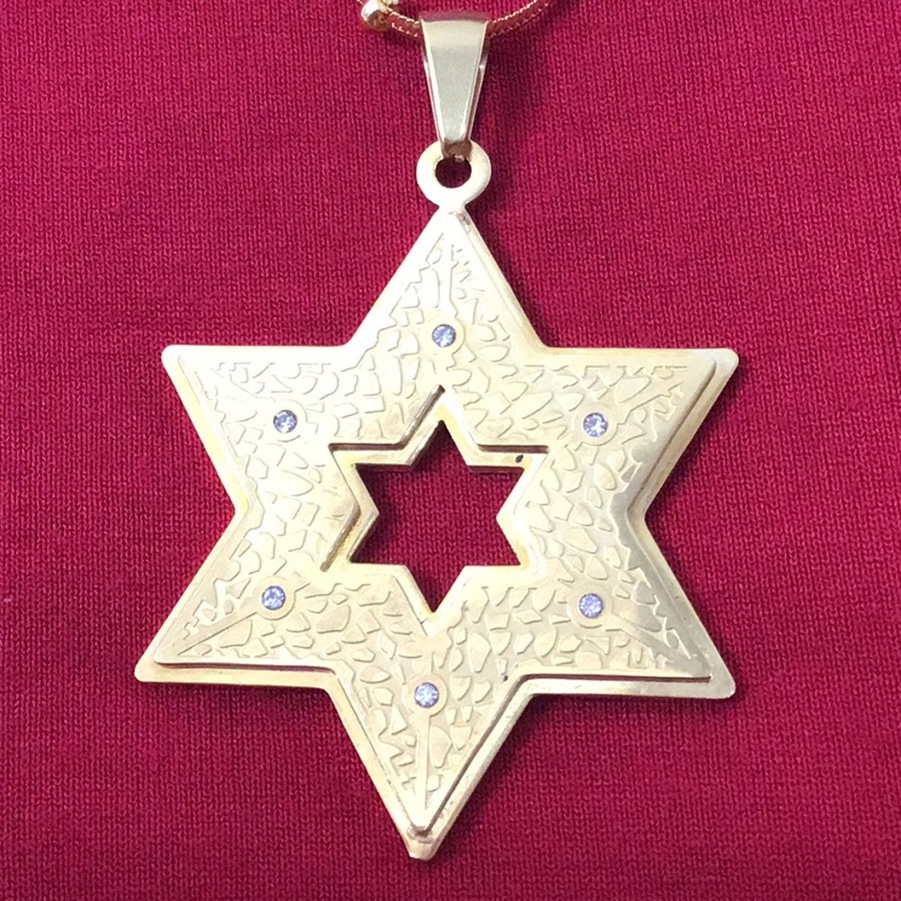 Star of David, Large Gold Stainless Steel Cutout Star w/ Rhinestones Near Edges.